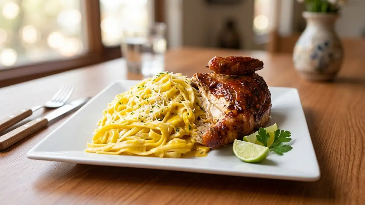 Receta de Tallarines a la Huancaína con Pollo a la Brasa