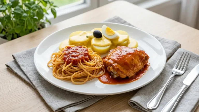 Receta de Tallarines Rojos con Pollo y Papa a la Huancaína